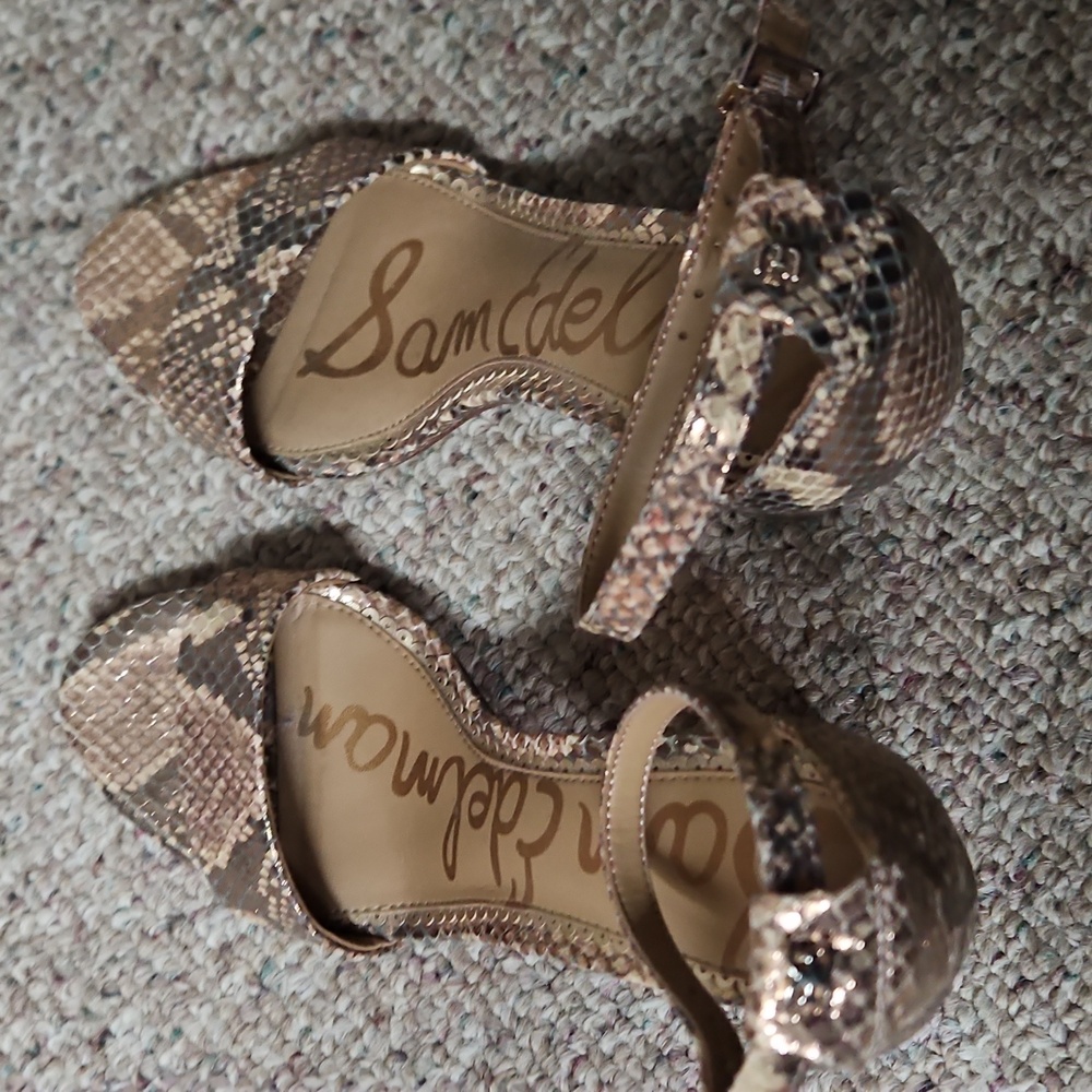 Rosegold Snakeskin Block Heel Sandals - Picture 2 of 4